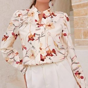 Elegant puff sleeve floral dress shirt